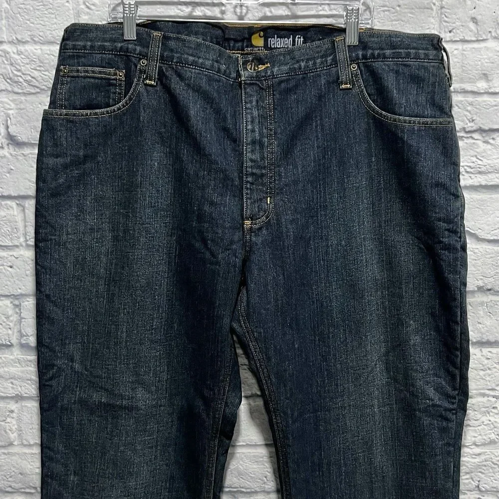 Carhartt Men Straight Relaxed Fleece Lined Denim Dark Blue Wash Jeans Size 42X30
